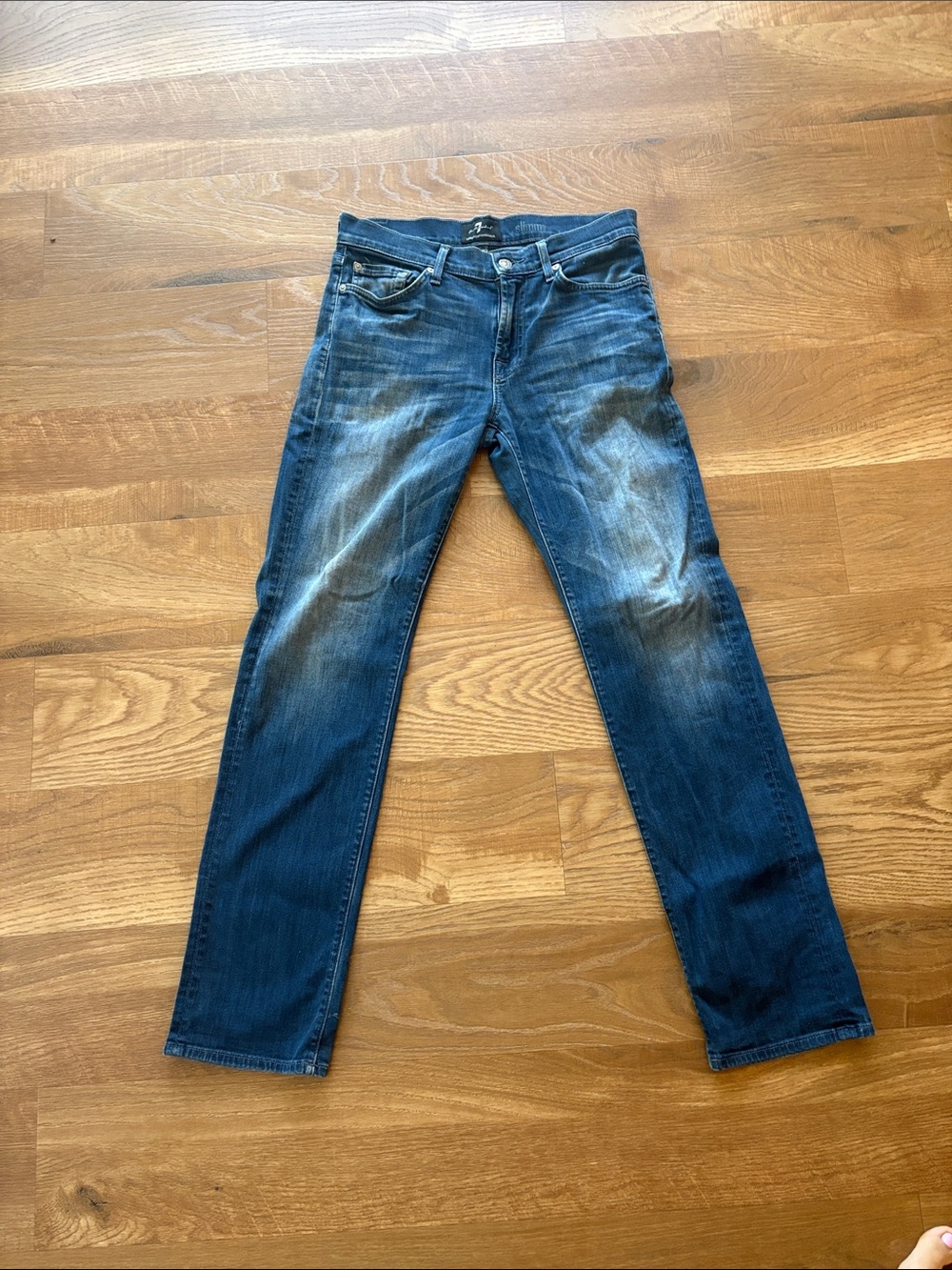 7 For All Mankind Slim Straight Jeans in Dark Blue with Faded Whiskering